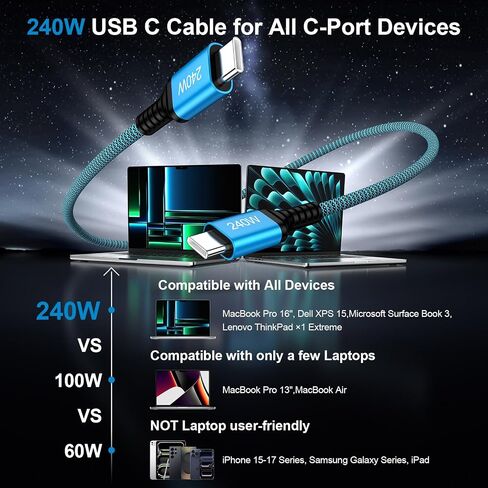 240W USB C Cable Fast Charging 10FT Type C Charger Cable Android Phone Cord in Kuwait