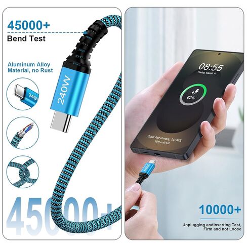 240W USB C Cable Fast Charging 10FT Type C Charger Cable Android Phone Cord in Kuwait