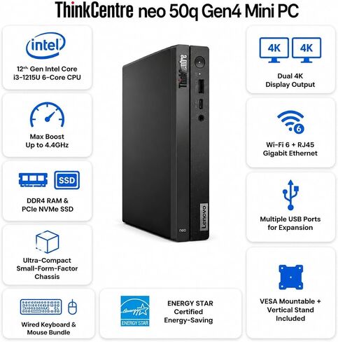 Lenovo ThinkCentre Neo 50q Gen4 Mini PC | Intel 12th Gen CPU (6Cores, Up to 4.4GHz) | 32GB RAM, 1TB SSD | Windows 11,WiFi 6, RJ45, UHD Graphics, Dual 4K Display Support in Saudi Arabia