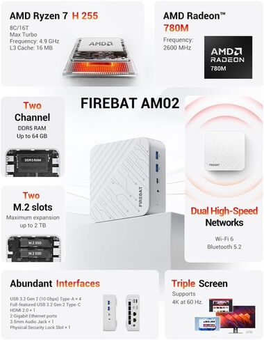 FIREBAT AM02 Mini PC with AMD Ryzen7 H255(Upgraded 8745HS) 8C/16T(Up to 54W), DDR5 16GB RAM (Upgradable) 512GB SSD, WiFi6 BT5.2, Dual 1G LAN, Triple 4K Display, Windows11 Portable Desktop Computer in Saudi Arabia