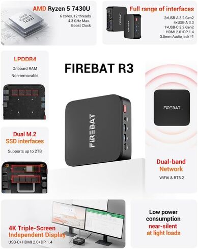 FIREBAT R3 Mini PC(High-Performance Solution) with AMD Ryzen5 7430U 6C/12T, 16GB(LPDDR4) RAM, 512GB SSD, WiFi6 BT5.2, Triple 4K Display, Portable Desktop Computer in Saudi Arabia