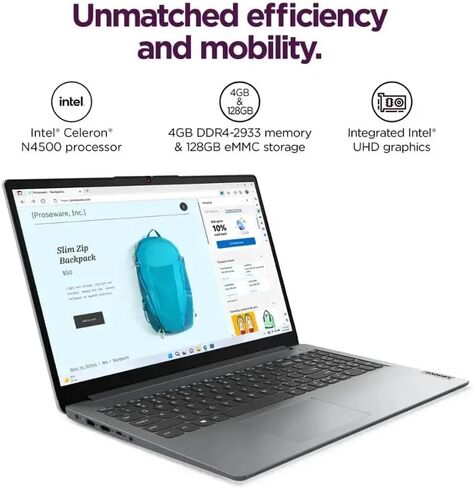Lenovo Ideapad 1 15.6" HD Student Laptop, Intel Celeron N4500, 1.1GHz, 4GB DDR4 Memory, 128GB eMMC, Windows 11 Home in S Mode, Cloud Grey, 82LX00DGUS (Renewed) in Kuwait