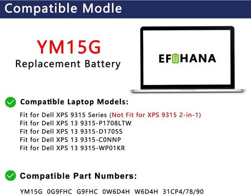 YM15G 51Wh 11.55V Laptop Battery Replacement for Dell XPS 13 9315 Series Notebook(Not fit for XPS 13 9315 2-in-1) 0G9FHC G9FHC 0W6D4H W6D4H in Kuwait