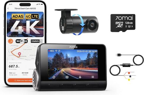 【70mai A810S+UP03】 70mai 4K Dash Cam Front and Rear, 4K+1080P Dual STARVIS 2 Car Dash Camera for Cars, 4G LTE Remote Access, AI Motion Detection, WiFi 6, 5 GPS, 24H Parking Mode, HDR Night Vision in Saudi Arabia