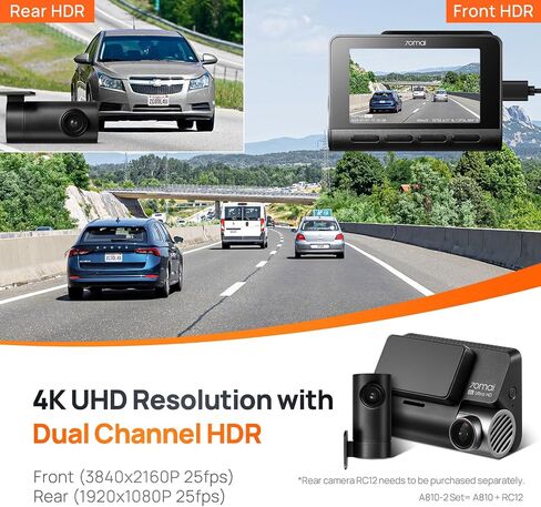 【70mai A810S+UP03】 70mai 4K Dash Cam Front and Rear, 4K+1080P Dual STARVIS 2 Car Dash Camera for Cars, 4G LTE Remote Access, AI Motion Detection, WiFi 6, 5 GPS, 24H Parking Mode, HDR Night Vision in Saudi Arabia