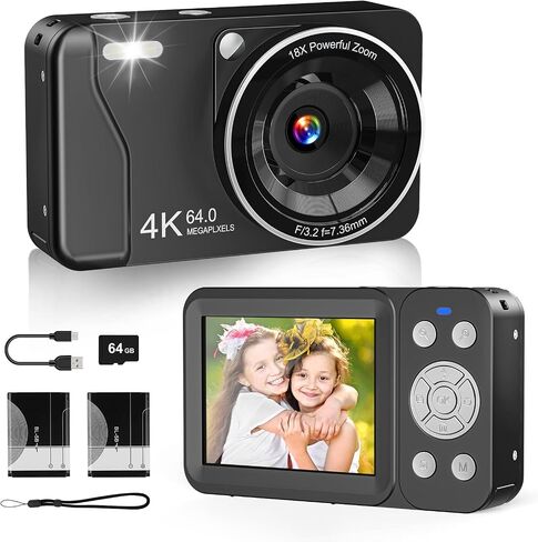4K 64MP Digital Camera Point and Shoot, 18X Zoom, Black | Rechargeable Compact Camera with 64GB SD Card & 2 Batteries, Great Gift for Kids Teens Adults in Saudi Arabia