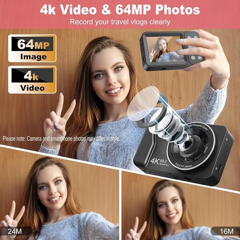 4K 64MP Digital Camera Point and Shoot, 18X Zoom, Black | Rechargeable Compact Camera with 64GB SD Card & 2 Batteries, Great Gift for Kids Teens Adults in Saudi Arabia
