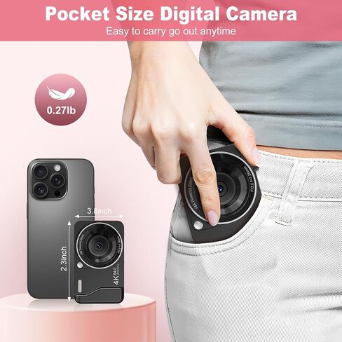 4K 64MP Digital Camera Point and Shoot, 18X Zoom, Black | Rechargeable Compact Camera with 64GB SD Card & 2 Batteries, Great Gift for Kids Teens Adults in Saudi Arabia