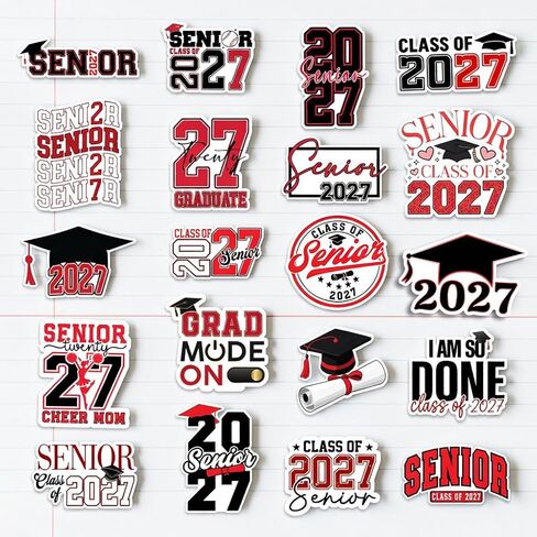 20PCS Class of 2027 Senior Graduation Stickers, Red Black Vinyl Decals for Laptop, Water Bottle, Car, Phone, Notebook, Waterproof Gift for High School & College Seniors, Graduates, Students, Friends in Kuwait