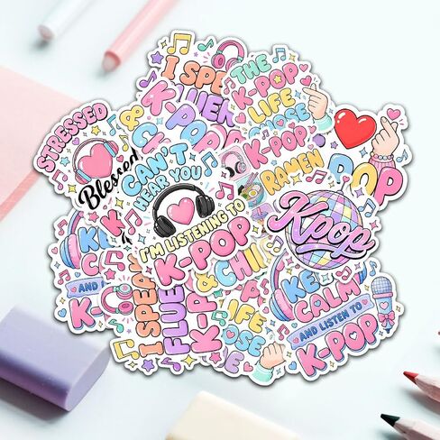 10PCS K-Pop Stickers Pack, Keep Calm and Listen to K-pop Quote Vinyl Decals for Water Bottles, Laptops, Journals, Gifts for Teens, Girls, Music Fans, Birthday in Kuwait