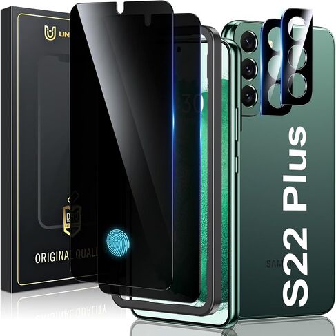 UniqueMe for Samsung Galaxy S22 Plus 6.6 inch Privacy Screen Protector,【Ultrasonic Fingerprint Compatible】[2+2 Pack] 9H Tempered Glass and Camera Lens Protector in Kuwait
