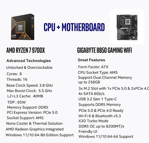 Micro Center CPU Motherboard Memory Combo: AMD Ryzen 7 9700X CPU Processor + GIGABYTE B850 Gaming WIFI6 Motherboard + KLEVV Bolt V DDR5 32GB (2x16GB) 6400MHz CL30 Ram Memory White in Saudi Arabia