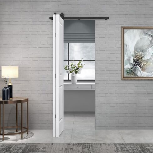 30 in. x 80 in. 2 Panel White Bi-Fold Barn Door with Sliding Hardware Kit in Saudi Arabia
