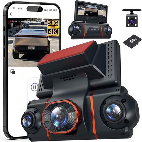 4K+1080P*3 FHD Dash Cam Front and Rear, 360° Car Camera, 5.8GHz WiFi 20MB/s in Kuwait