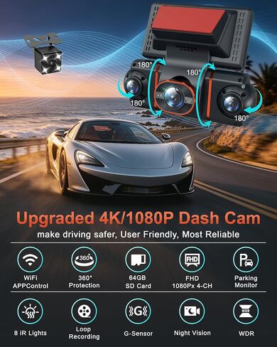 4K+1080P*3 FHD Dash Cam Front and Rear, 360° Car Camera, 5.8GHz WiFi 20MB/s in Kuwait