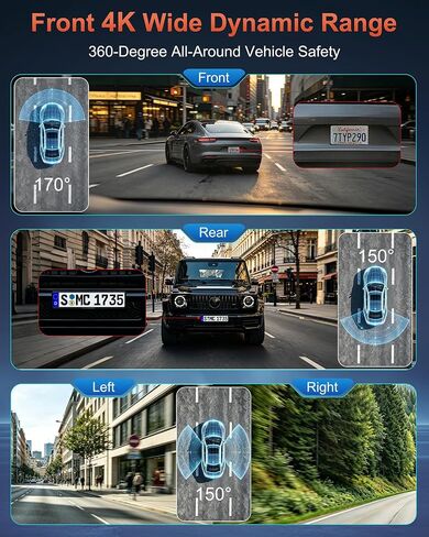 4K+1080P*3 FHD Dash Cam Front and Rear, 360° Car Camera, 5.8GHz WiFi 20MB/s in Kuwait