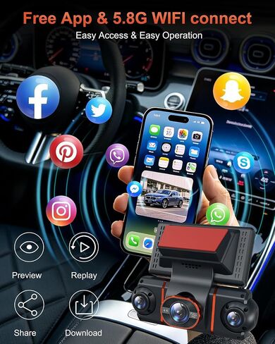4K+1080P*3 FHD Dash Cam Front and Rear, 360° Car Camera, 5.8GHz WiFi 20MB/s in Kuwait