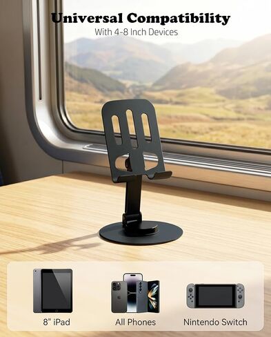 Meokse Cell Phone Stand for Desk, Premium Aluminum Adjustable Phone Holder with 360° Rotation, 2-Axis Foldable Ergonomic Desktop Mount Compatible with iPhone, iPad & All Smartphones (Matte Black) in Saudi Arabia