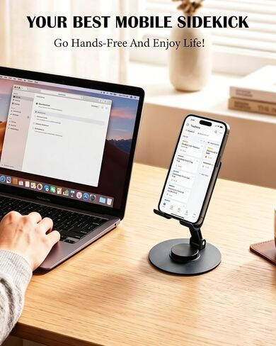 Meokse Cell Phone Stand for Desk, Premium Aluminum Adjustable Phone Holder with 360° Rotation, 2-Axis Foldable Ergonomic Desktop Mount Compatible with iPhone, iPad & All Smartphones (Matte Black) in Saudi Arabia