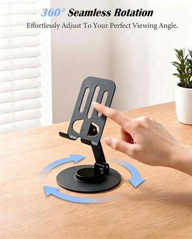 Meokse Cell Phone Stand for Desk, Premium Aluminum Adjustable Phone Holder with 360° Rotation, 2-Axis Foldable Ergonomic Desktop Mount Compatible with iPhone, iPad & All Smartphones (Matte Black) in Saudi Arabia