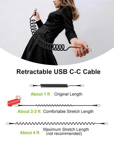 كابل USB C ملفوف بطول 3 أقدام، 2 سلك شاحن USB C للسيارة، كابل ملفوف USBC إلى USBC، كابل سيارة USB C شحن سريع لهاتف iPhone 17/16/15 Samsung Galaxy S25/S24/S23 Carplay in Kuwait
