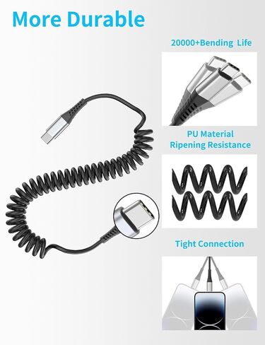 كابل USB C ملفوف بطول 3 أقدام، 2 سلك شاحن USB C للسيارة، كابل ملفوف USBC إلى USBC، كابل سيارة USB C شحن سريع لهاتف iPhone 17/16/15 Samsung Galaxy S25/S24/S23 Carplay in Kuwait