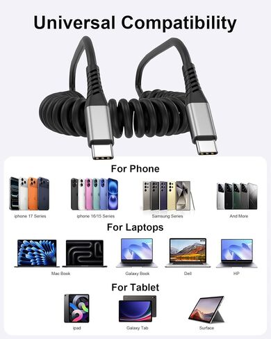 كابل USB C ملفوف بطول 3 أقدام، 2 سلك شاحن USB C للسيارة، كابل ملفوف USBC إلى USBC، كابل سيارة USB C شحن سريع لهاتف iPhone 17/16/15 Samsung Galaxy S25/S24/S23 Carplay in Kuwait