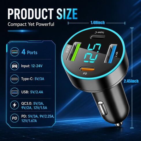 4 in 1 Fast Charging Cigarette Lighter USB Charger,60W Car Charger Port QC3.0/Type-C/PD/2.4A with Voltmeter & LED Light,12-24V Car Cigarette Lighter Adapter Compatible with iPhone in Saudi Arabia