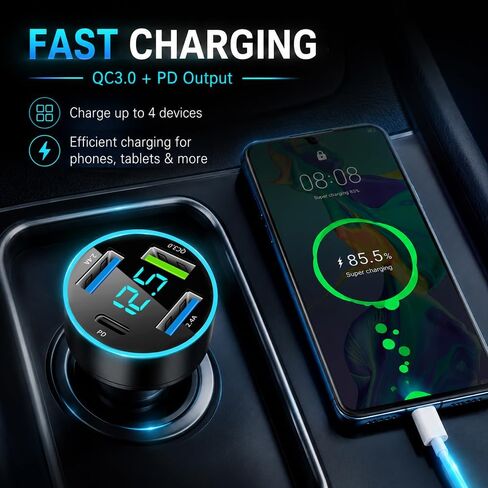 4 in 1 Fast Charging Cigarette Lighter USB Charger,60W Car Charger Port QC3.0/Type-C/PD/2.4A with Voltmeter & LED Light,12-24V Car Cigarette Lighter Adapter Compatible with iPhone in Saudi Arabia
