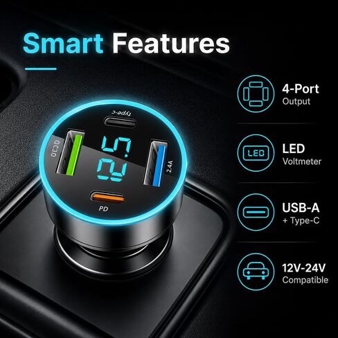 4 in 1 Fast Charging Cigarette Lighter USB Charger,60W Car Charger Port QC3.0/Type-C/PD/2.4A with Voltmeter & LED Light,12-24V Car Cigarette Lighter Adapter Compatible with iPhone in Saudi Arabia