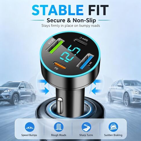 4 in 1 Fast Charging Cigarette Lighter USB Charger,60W Car Charger Port QC3.0/Type-C/PD/2.4A with Voltmeter & LED Light,12-24V Car Cigarette Lighter Adapter Compatible with iPhone in Saudi Arabia