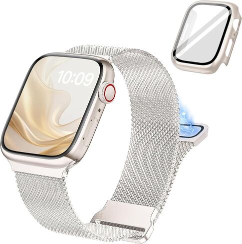 Stainless Steel Milanese Loop Band with Case, Compatible with 40/41/42/44mm Apple Watch Bands for Women Men, Dual Magnetic Clasp Replacement Strap for iWatch SE 3 2 1 Series 11 10 9 8 7 6 5 4 in Saudi Arabia