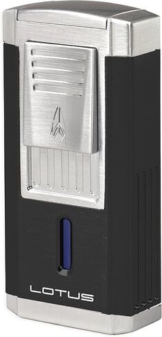 Lotus Duke Cigar Lighter with Triple Pinpoint Wind-Resistant Torch Flames, Single Action Ignition, Integrated Cutter, Tinted Fuel Level Window (Black Matte & Chrome) in Saudi Arabia