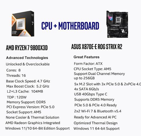 Micro Center CPU Motherboard Memory Combo: AMD Ryzen 7 9800X3D CPU Processor + ASUS ROG Strix X870E-E R2 Gaming WiFi Motherboard + KLEVV Urbane V RGB DDR5 32GB 6000MHz CL30 Ram Memory White in Saudi Arabia