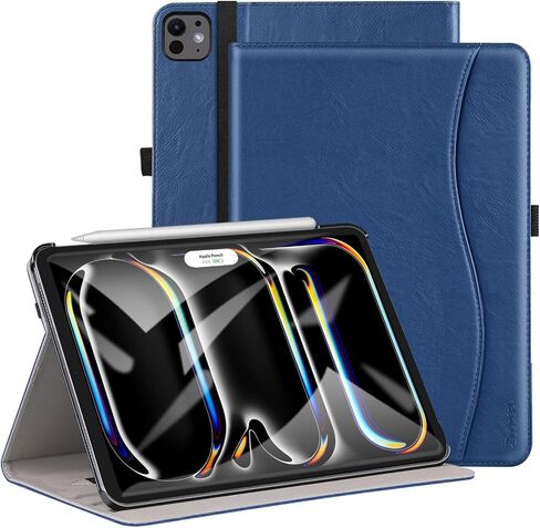 حافظة ZtotopCases لجهاز iPad Pro 11 بوصة (M5) 2025/ (M4) 2024 - غطاء ذكي من جلد البولي يوريثان، مع تنبيه/غفو تلقائي، زوايا رؤية متعددة، حزام يد وجيب - أزرق داكن in Kuwait