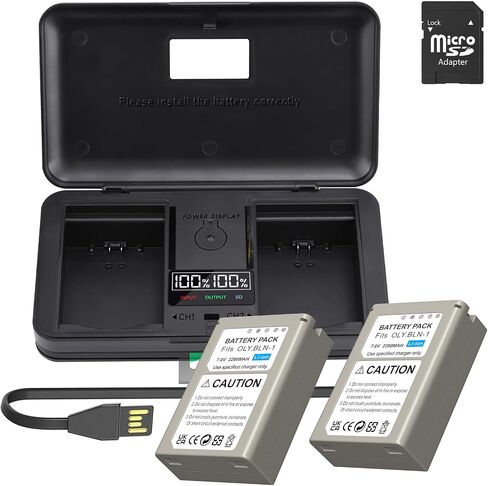 بطارية بديلة BLN-1، عبوتان بطارية OM-D E-M5 بقدرة 2280 مللي أمبير في الساعة مع شاحن لأوليمبوس BLN-1، BCN-1 وأوليمبوس OM-D E-M1، OM-D E-M5 / E-P5 / -F/E-P5، كاميرا رقمية HLD-6 in Kuwait