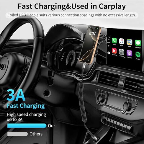 شاحن سيارة ملفوف Carplay، 2 حزمة من كابل USB A إلى USB C للسيارة Android Auto CarPlay، كابل USB C ملفوف للشحن السريع لهاتف iPhone 17 16 15 Samsung Galaxy S25 S24 S23 in Kuwait