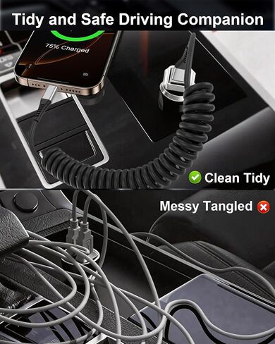 شاحن سيارة ملفوف Carplay، 2 حزمة من كابل USB A إلى USB C للسيارة Android Auto CarPlay، كابل USB C ملفوف للشحن السريع لهاتف iPhone 17 16 15 Samsung Galaxy S25 S24 S23 in Kuwait