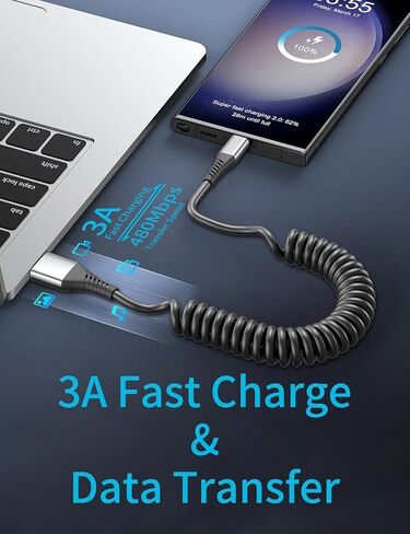 شاحن سيارة ملفوف Carplay، 2 حزمة من كابل USB A إلى USB C للسيارة Android Auto CarPlay، كابل USB C ملفوف للشحن السريع لهاتف iPhone 17 16 15 Samsung Galaxy S25 S24 S23 in Kuwait
