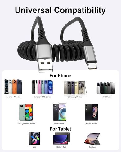 شاحن سيارة ملفوف Carplay، 2 حزمة من كابل USB A إلى USB C للسيارة Android Auto CarPlay، كابل USB C ملفوف للشحن السريع لهاتف iPhone 17 16 15 Samsung Galaxy S25 S24 S23 in Kuwait