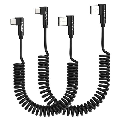 aceyoon 2 Pack Coiled Cable, 90 Degree USB A to USB C Cable 60W USB Type C Charging Cord for CarPlay Compatible with iPhone 16 15 Plus/Pro/Pro Max, Samsung Galaxy S25 S24 S23 (2.5FT+ 4FT) in Kuwait