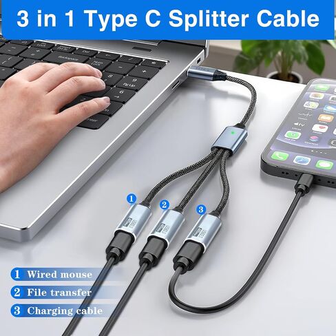 Duttek USB C Splitter 1 in 3 Out, USB C Hub with Type A to C Adapter, Type C Male to 3 Female Charging Cable Nylon Braided, 480Mbps Data Transfer, for Laptop, Phone Charging 0.8FT/25CM in Kuwait