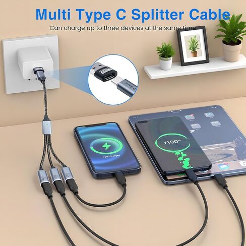 Duttek USB C Splitter 1 in 3 Out, USB C Hub with Type A to C Adapter, Type C Male to 3 Female Charging Cable Nylon Braided, 480Mbps Data Transfer, for Laptop, Phone Charging 0.8FT/25CM in Kuwait