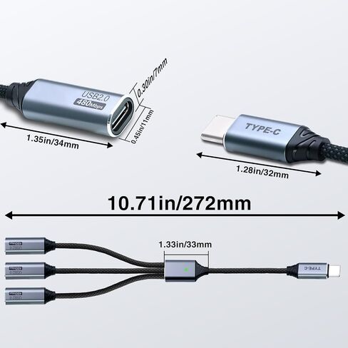 Duttek USB C Splitter 1 in 3 Out, USB C Hub with Type A to C Adapter, Type C Male to 3 Female Charging Cable Nylon Braided, 480Mbps Data Transfer, for Laptop, Phone Charging 0.8FT/25CM in Kuwait