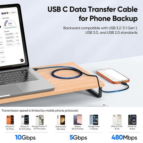كابل بيانات USB C بطول 3 أقدام، سلك USB C 3.2 الجيل الثاني مع نقل بيانات بسرعة 10 جيجابت في الثانية وشحن سريع 60 وات، كابل USBC إلى النوع C Android Auto لأجهزة iPhone 17/16/15 Galaxy S25/24 Protable SSD iPad Air/Pro إلى الكمبيوتر المحمول in Kuwait