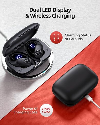PocBuds Bluetooth Headphones Wireless Earbuds 80hrs Playtime Wireless Charging Case Digital Display Sports Ear Buds with Earhook Deep Bass IPX7 Waterproof Over-Ear Earphones for TV Phone Laptop Black in Saudi Arabia