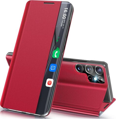 Phone Case for Samsung Galaxy S21 5G Case, Clear View Luxury Slim Mirror for Galaxy S21 Case with Kickstand, Leather Hard PC Flip Shockproof Protective Cover for Samsung S21 Case, Black in Kuwait
