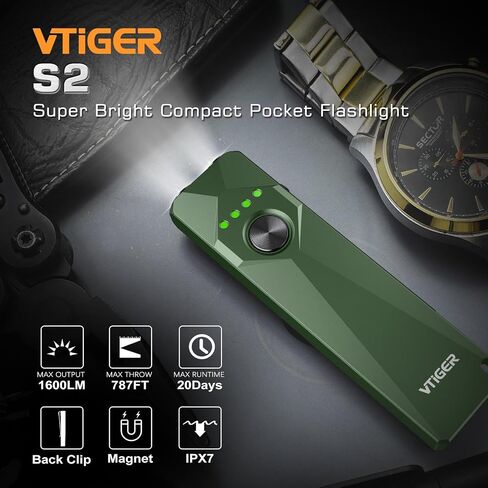 VTIGER S2 Slim EDC Pocket Flashlight with Clip,1600 Lumen Super Bright Portable Flat Little Flashlights, Rechargeable Small LED Flash Light with Magnet for Camping,Hiking,Outdoor,Emergency,Car Repair in Saudi Arabia