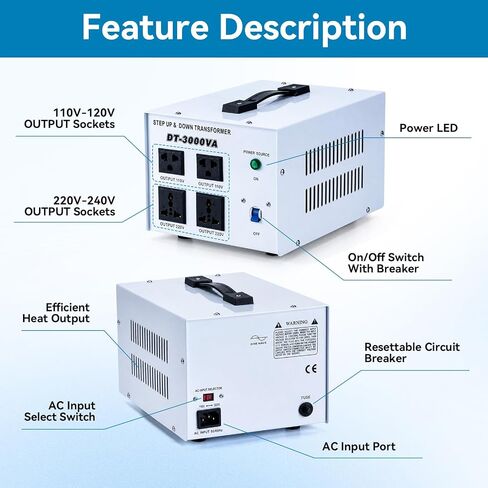 3000W Step Up/Down Voltage Transformer, 110V/120V & 220V/240V Power Converter, 4 Outlets Toroidal Regulator, Overload Overheat Protection for Home, Travel and Global Household Devices in Saudi Arabia