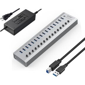 EJAY 16-Port USB 3.0 Data Hub وشاحن مع مفاتيح طاقة فردية مع محول طاقة لأجهزة Mac والكمبيوتر الشخصي (TGH-16U-Gray) in Kuwait